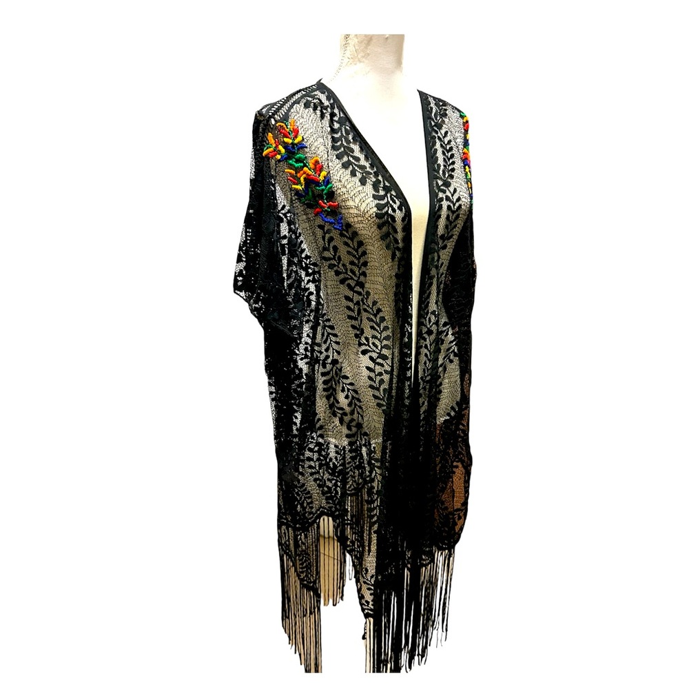 Boho Black Lace With Fringe Sheer Swim Cover-Up Kimono